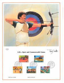 1986 Great Britain Limited Edition Lithographed Print measuring 333mm X 257mm showing Commonwealth Games Commemorative stamps with First Day of Issue Cancel