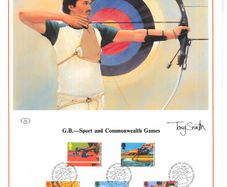 1986 Great Britain Limited Edition Lithographed Print measuring 333mm X 257mm showing Commonwealth Games Commemorative stamps with First Day of Issue Cancel