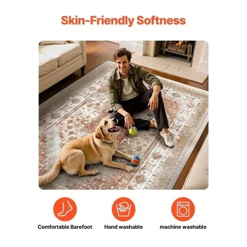 Area Rug, 8 x 10 ft Large Washable Rug, Non-Slip and Tear-Resistant Soft Carpet, Pet & Child Friendly Vintage Area Rugs, Indoor Mat for Bedroom, Living Room, Kids Room, Office, Brown Red