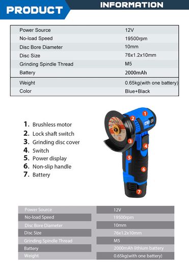 12V Brushless Angle Grinder Mini Cordless Polishing Machine 18500RPM 2000mAh Electric Cutting Grinding Power Tools