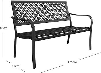 Garden Bench, Outdoor Bench with 2-3 Seater, Rust Resistant, Stamped Pattern, Choice of Colours, Suitable for Indoor, Outdoor, Patio, Park (Black)