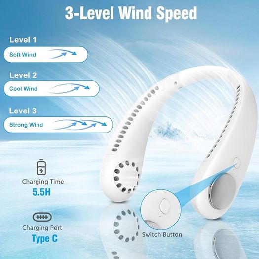 NEW SALE | Portable Hanging Neck Fan, Bladeless Mini Neck Fan with 360 Degree Airflow, 3-Speed Hands-Free Personal Fan Rechargeable Wearable Fan Cooling Quiet for Home Office Travel Sports Outdoor, White