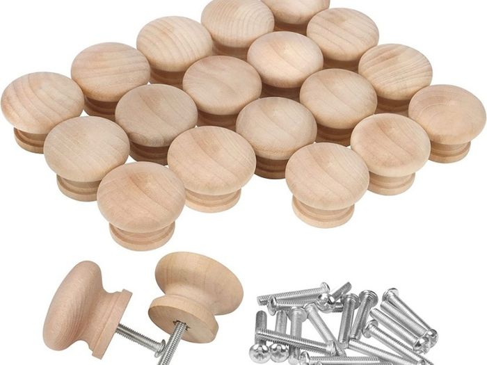 Round Unfinished Wood Knobs with Screws (20 Pack) - 3.4 x 2.5cm / 1.34 x 0.98 Inches - Natural Wooden Birch Door Knob Hardware - Furniture Cabinet, Wardrobe, Cupboard & Drawer Pull Handles (FREE POSTAGE)