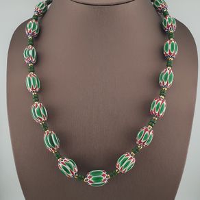 Antique Venetian Style Green Chevron Glass Beads Necklace