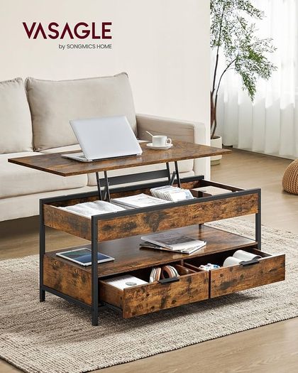 Coffee Table Height Adjustable Living Room Table Coffee Table with Drawers Open Compartment Vintage Brown Ink Black