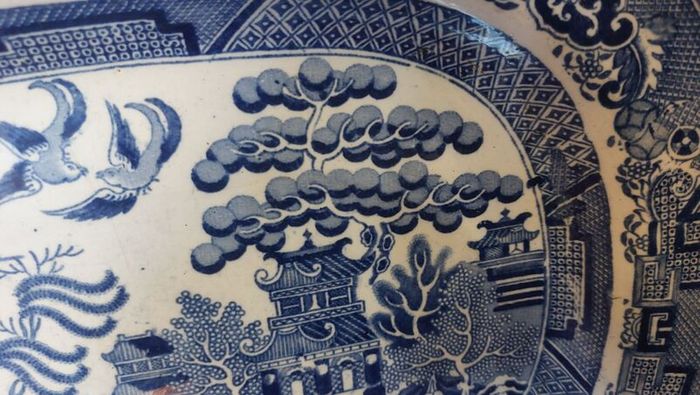 Beautiful Antique Blue and White Transferware Willow Pattern Large Platter, Unknown Maker, Circa 1860's, Most Likely Staffordshire Made
