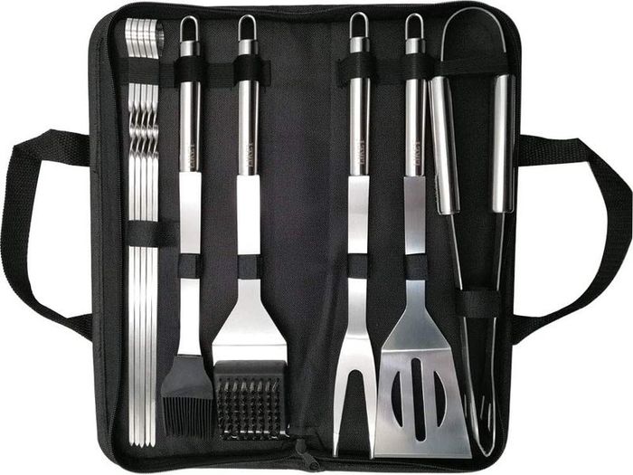 BBQ Grill Tools Barbecue Accessories 10 Piece Utensils: Grill Brush, Spatula, Tongs, Fork, Basting Brush, Kebab Skewers