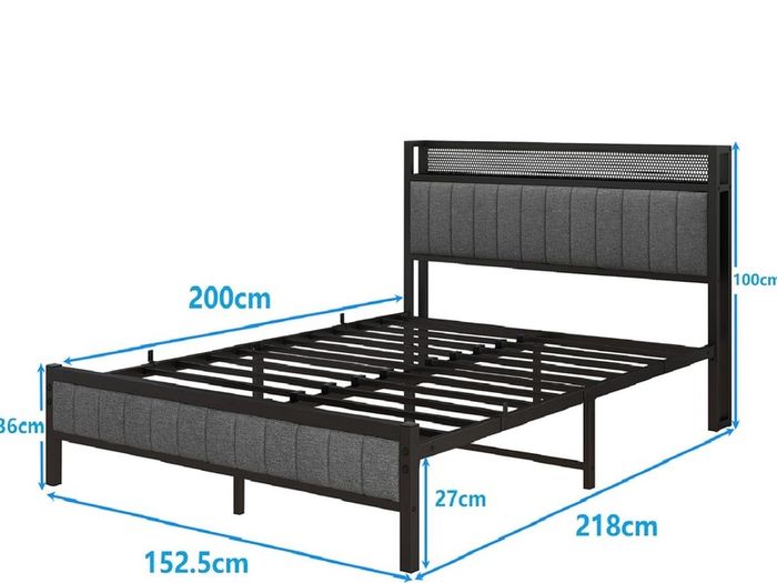 King Size Bed Frame with Storage and Headboard Shelf, Upholstered Bed