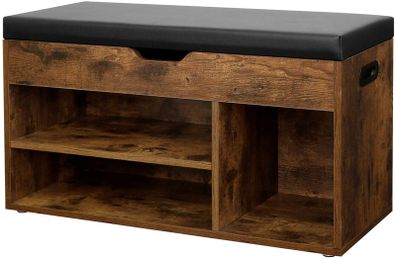 Shoe Bench LHS30BX, Seat Bench, Padded, 3 Open Compartments, Under Seat Storage, Shoe Storage, Hallway, Living Room, Bedroom, Holds up to 150 kg, Vintage, Dark Brown