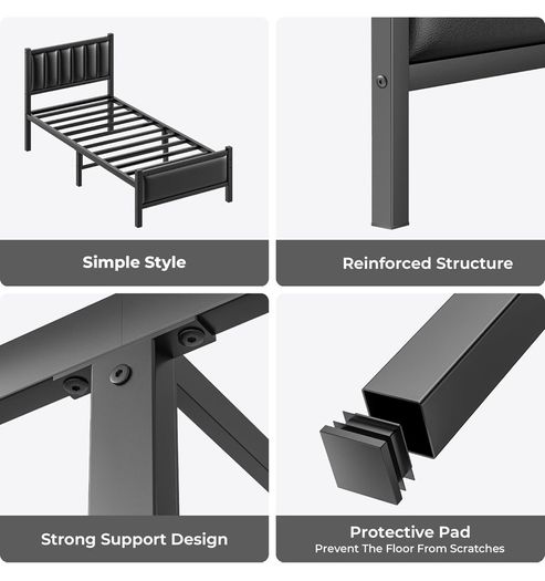 Single Bed Frame with Upholstered Headboard, 3ft