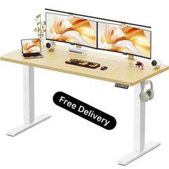 140 x 60 cm Standing Desk, Electric Height Adjustable Desk with 2 Hooks