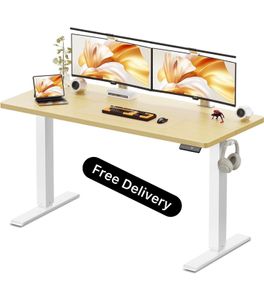 140 x 60 cm Standing Desk, Electric Height Adjustable Desk with 2 Hooks