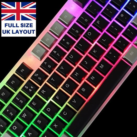 USB Wired Keyboard and Mouse Set, Luminous LED Lights, Full Size Slim Keyboard, LED Gaming Mouse, Game or Business, UK Layout, For PC, Laptop, Windows And Mac, PS4, PS5, Xbox One, etc (Retro)