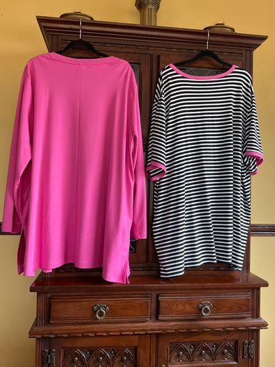NEW  FURTHER REDUCED from SAMOON a pink casual cardigan with side slits and a matching black and white top with pink trim . Length of both items is 33 inches