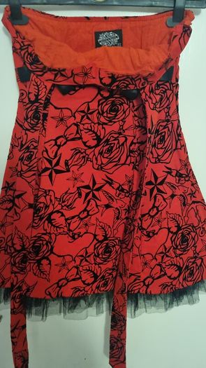Red Rockabilly Tattoo Print Dress with Tulle Hem