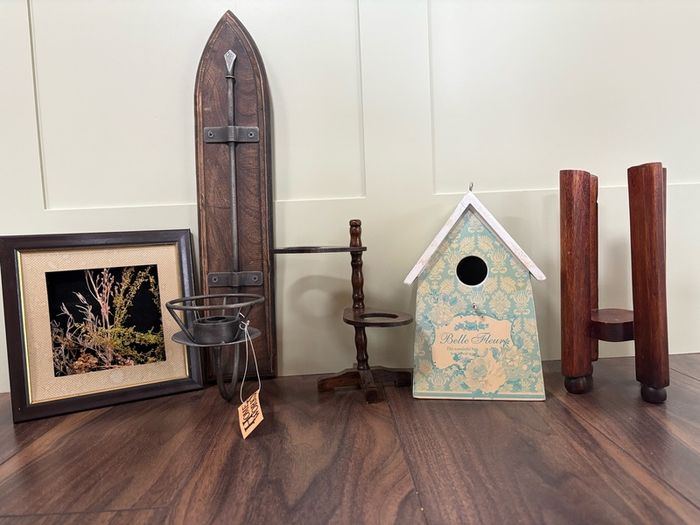 Rustic Wooden & Metal Home Decor Set -Sconce, Birdhouse, Plant Stands & Framed Art (6 Pieces)