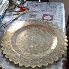 A Decorative Antique Large Hand-Engraved Chinese Dragon Brass Tray, featuring intricate hand-engraved dragon motifs and hand-chased patterns around the edges