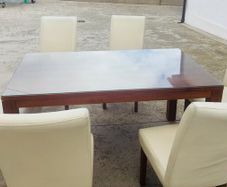 Glass walnut table, 6 chairs and 2 coffee tables