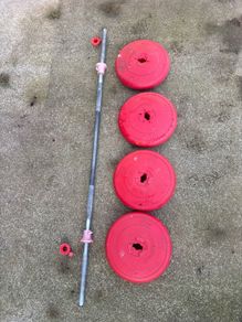 Barbell and 10kg weights