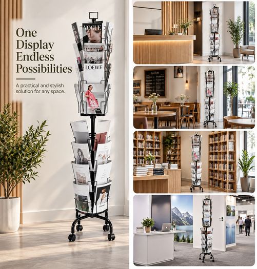 32 Pocket Rotating Magazine and Brochure Display Stand 193cm Mobile Retail Rack