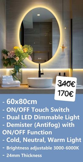 LED Bathroom Mirror 60x80cm Oval Demister Dual LED