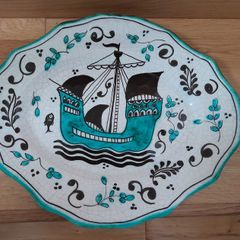 Decorative Plate for hanging on wall, oval shape, with boat