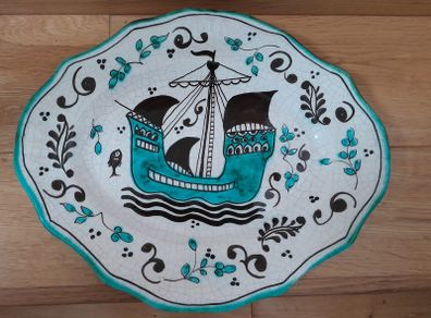 Decorative Plate for hanging on wall, oval shape, with boat
