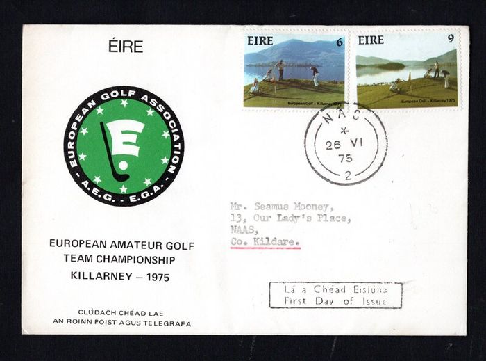 1975 Ireland European Amateur Golf Team Championship Commemorative Stamp Illustrated Addressed First Day Cover (FDC) with Nas (Naas, Co, Kildare)