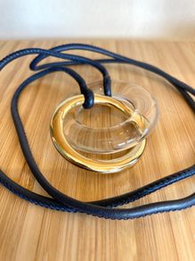 Black Leather Cord, Glass & Gold Colour Metal Ring Long Necklace