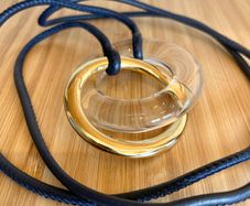 Black Leather Cord, Glass & Gold Colour Metal Ring Long Necklace