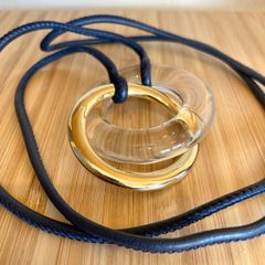 Black Leather Cord, Glass & Gold Colour Metal Ring Long Necklace