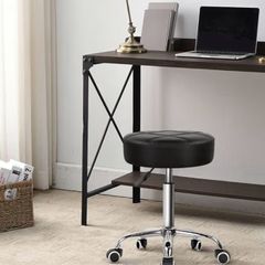 Round Rolling Stool Chair PU Leather Height Adjustable Shop Stool Swivel Drafting Work SPA Salon Stools with Wheels Office Chair (Black)