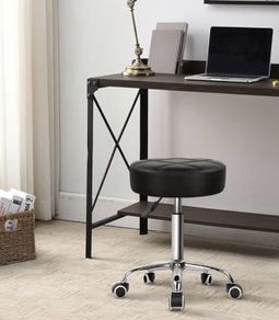 Round Rolling Stool Chair PU Leather Height Adjustable Shop Stool Swivel Drafting Work SPA Salon Stools with Wheels Office Chair (Black)