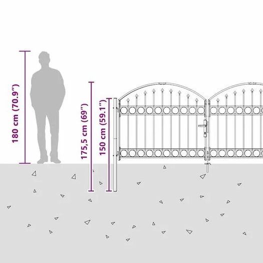 Fence Gate Double Door with Arched Top Steel 300x125 cm Black
