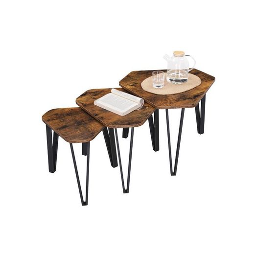 3 pieces bedside tables coffee table side table set, 3 pieces bedside tables, coffee tables, with metal legs, simple construction, industrial design, vintage brown-black