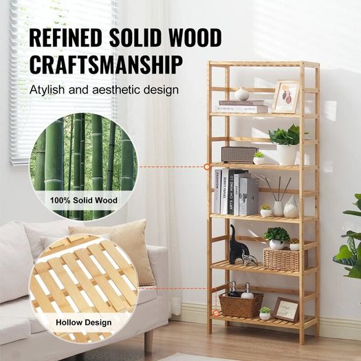 6 Tier Bamboo Bookshelf Display Storage Rack Organizer, Freestanding