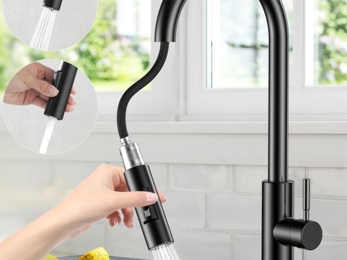 Kitchen Faucet with Removable Shower, Stainless Steel Kitchen Sink Faucet Mixer Tap with Removable Base, 360 Swivel, 2 Water Modes Cold and Hot Available - Black