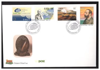 1996 Ireland 150th Birth Anniversary of Michael Davitt. Ireland's Presidency of European Union. Birth Centenary of Thomas McLaughlin. 50th Anniversary of Bord na Mona Commemorative Stamps An Post First Day Cover (FDC)