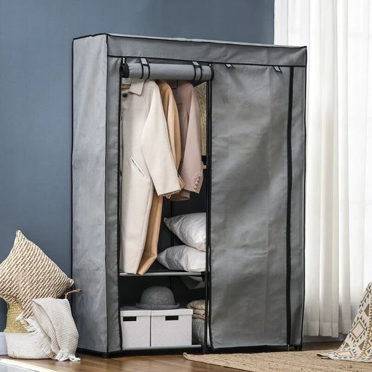 Portable Fabric Wardrobe with 4 Shelves & 2 Hanging Rails, Foldable Clothes Storage Cabinet