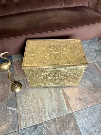 Ornate Brass Fireside Coal Box Embossed Tavern Scene