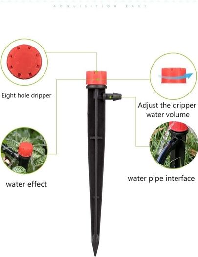 50pcs Drip Emitters for 1/4" Drip Irrigation Tubing, Adjustable 360 Degree Water Flow Drippers on 5" Arrow Stake, Garden Irrigation Drippers for (4-7mm) Watering System