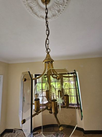 Vintage 1970s Brass & Smoked Glass Starburst Chandelier (MCM / Retro)