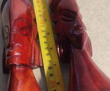 2x wooden sculptures, vintage hand carved wood busts of Fijian man and woman