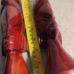 2x wooden sculptures, vintage hand carved wood busts of Fijian man and woman