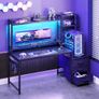 Gaming Desk with Drawers & Display Shelves, 120x48 cm Computer Desk with LED Lights & Sockets, Reversible PC Gaming Table with Monitor Stand, Carbon Fiber Black Image 3