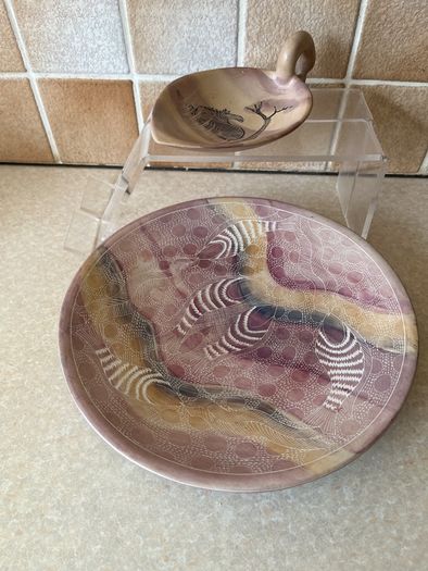 African Soapstone Hand carved 10.5" Bowl & 7.5" long Swan shaped soapstone