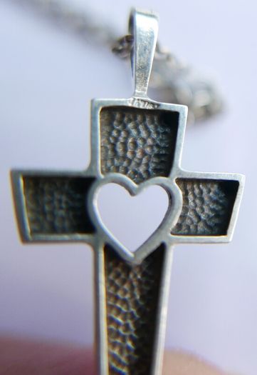 Vintage 925 Sterling Silver Cross Pendant with Heart Cutout on Chain