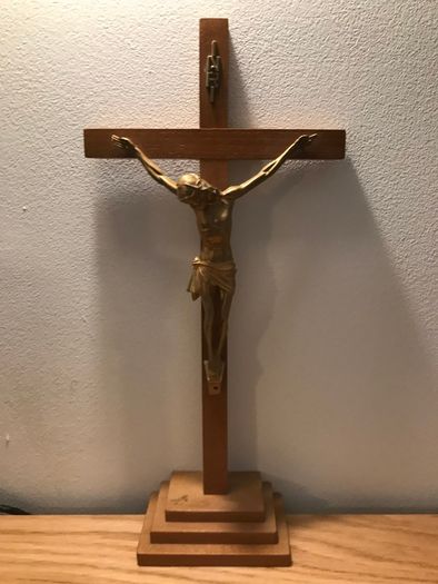 Crucifix + Pair of Glass Candlesticks