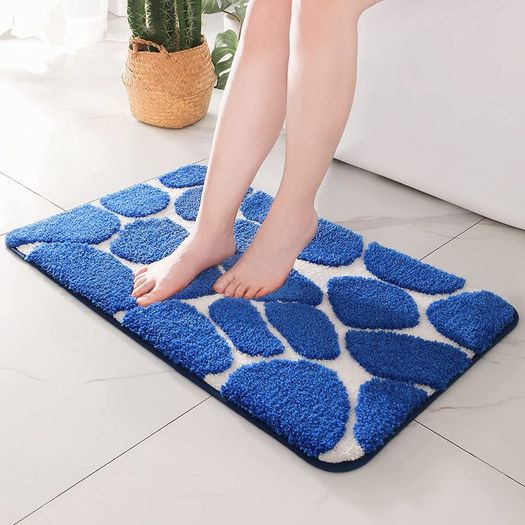 Microfibre Bath Mat 50x80 CM, Ultra Soft Bathroom Mat, Cobblestone Bath Mats for Bathroom, Living Room and Bedroom, Royal Blue & White