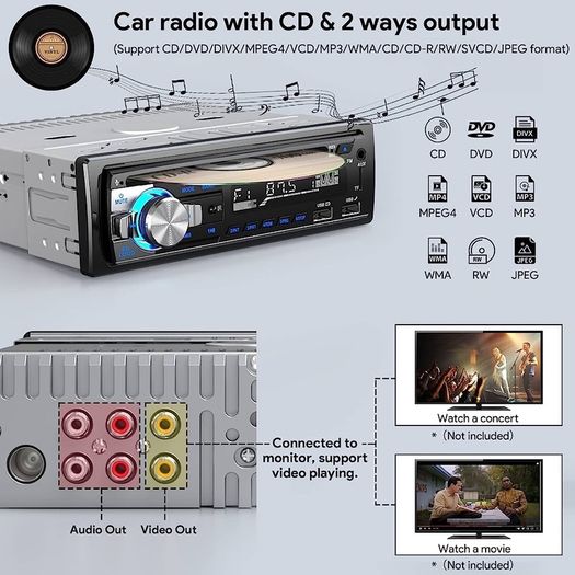 Car Stereo CD DVD Player Bluetooth,RDS/FM Car Radio Bluetooth Handsfree Calling MP3/USB/SD/AUX/FM RDS Car Radio with Dual USB Fast Charge, Steering Wheel Remote Control (FREE SHIPPING)